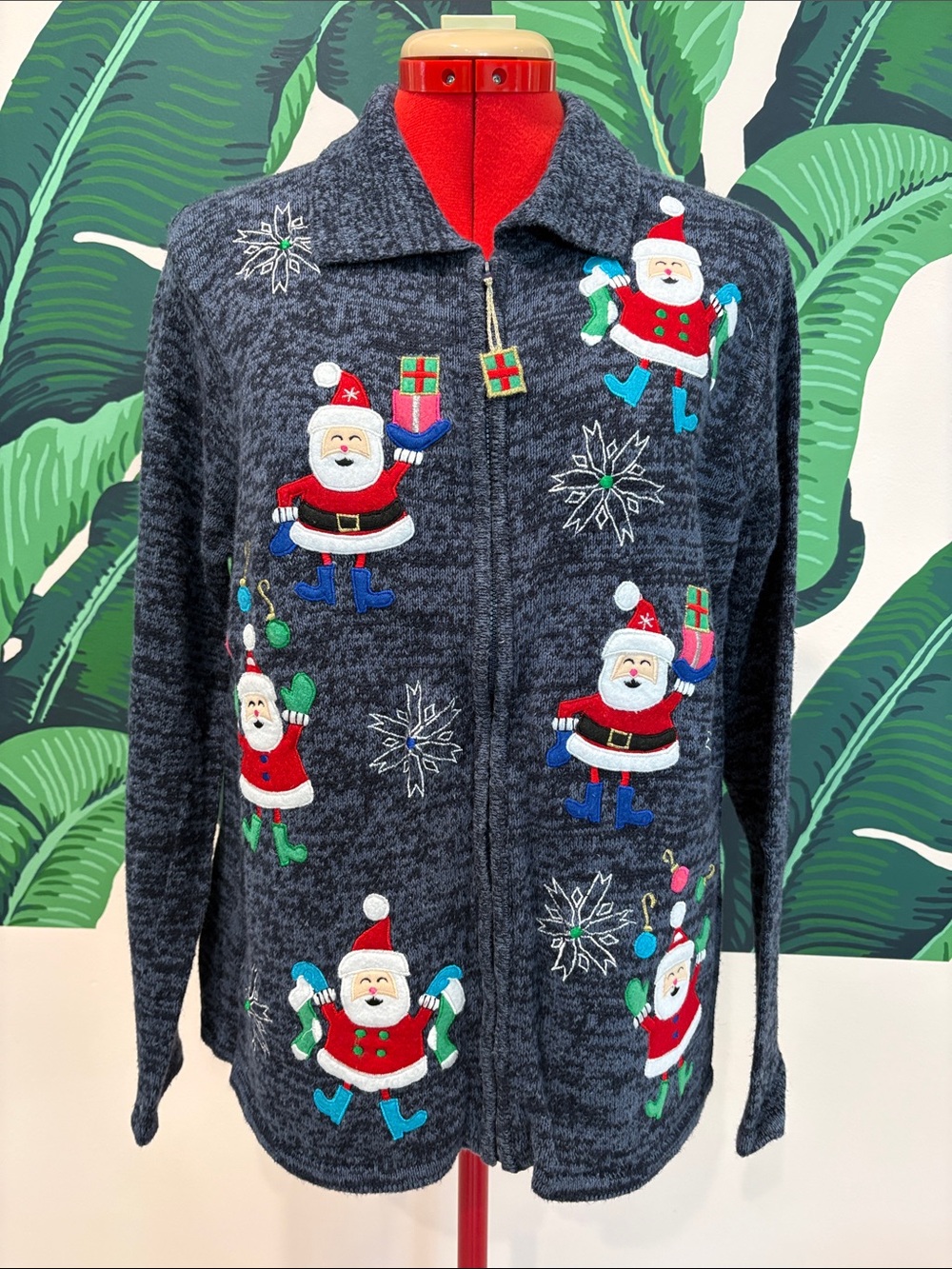 Tiara International Christmas Collection Dark Gray Santa Zip-Up Sweater